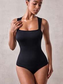 Veilyse 1Pc Women Ribbed Square Neck Sleeveless Bodysuit, High Stretch Seamless Tummy Control Slim Fit Shaper Tank Top Back To School - Black - View 7