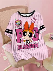 THE POWERPUFF GIRLS X SHEIN 大尺碼女款條紋字母卡通印花休閒日常短袖T恤 - 白色 - 查看 1