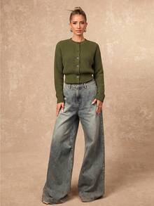 Lumalex Olive Green Rib Knit Cardigan With Round Neck Button Front Drop Shoulders And Floral Sleeve Patch - Green - View 5