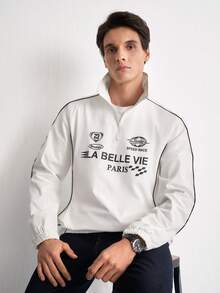 RONVEXI Men's Casual Letter Print Jacket, Spring/Autumn Football - White - View 6