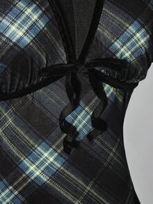 SHEIN ICON 大尺碼復古Y2K深V領碎花短袖收腰A字洋裝，返校穿搭、日常穿著、休閒度假夏季洋裝 - 彩色 - 查看 7
