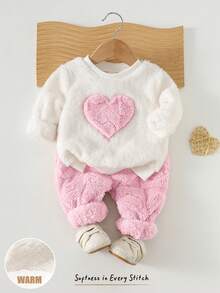Cozy Pixies 2件組幼女服飾，舒適百搭時尚，日常可愛休閒極簡基本款，毛絨愛心圖案紋理，秋冬季節適用，適合多種場合，戶外滑雪、返校、運動、派對、假日，保暖套裝居家服 - 淺粉色 - 查看 4