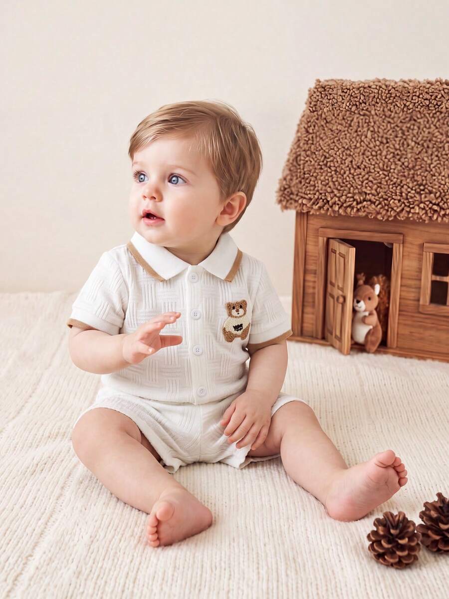 SHEIN Vintaside Kids Newborn Baby Boy Gentleman Style Short Sleeve Outfit, Simple Artistic Casual Summer Wear For Newborns - White - View 1