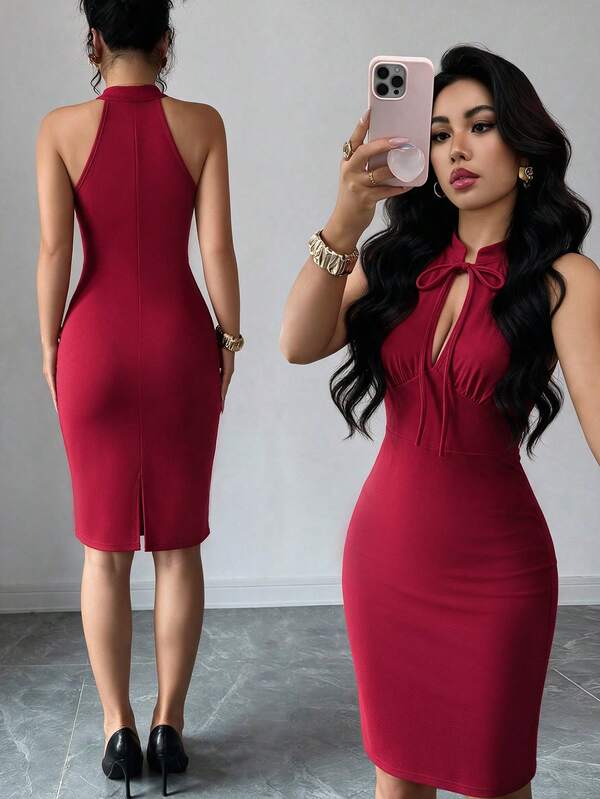 Selianne Women's Elegant Spring/Autumn Party Sleeveless Stand Collar Butterfly Tie Waist Knit Dress, Suitable For Daily And Office Wear