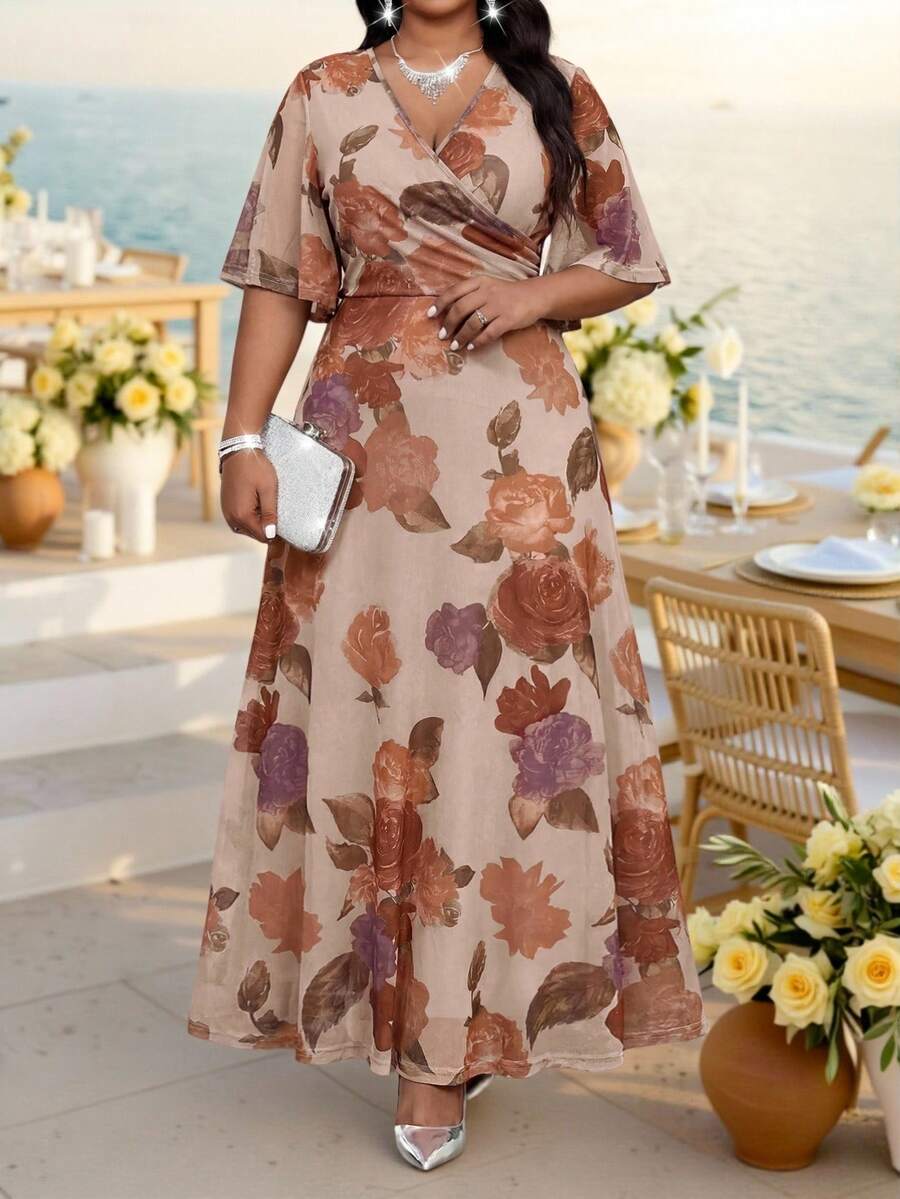 Fleurora 大尺碼女款花卉印花V領優雅收腰派對洋裝