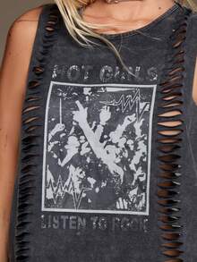 BAD SUNDAY Women's All-Season Washed Distressed Printed Cutout Hollow Vintage Tank Top Y2K Millennium Hot Girl Cool - Grey - View 6