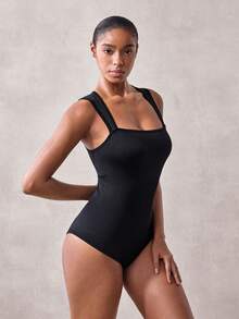 Veilyse 1Pc Women Ribbed Square Neck Sleeveless Bodysuit, High Stretch Seamless Tummy Control Slim Fit Shaper Tank Top Back To School - Black - View 6