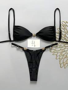Swim Mod Conjunto de bikini de mujer de unicolor con tirantes finos y decoración metálica para primavera/verano - Negro - Ver 1