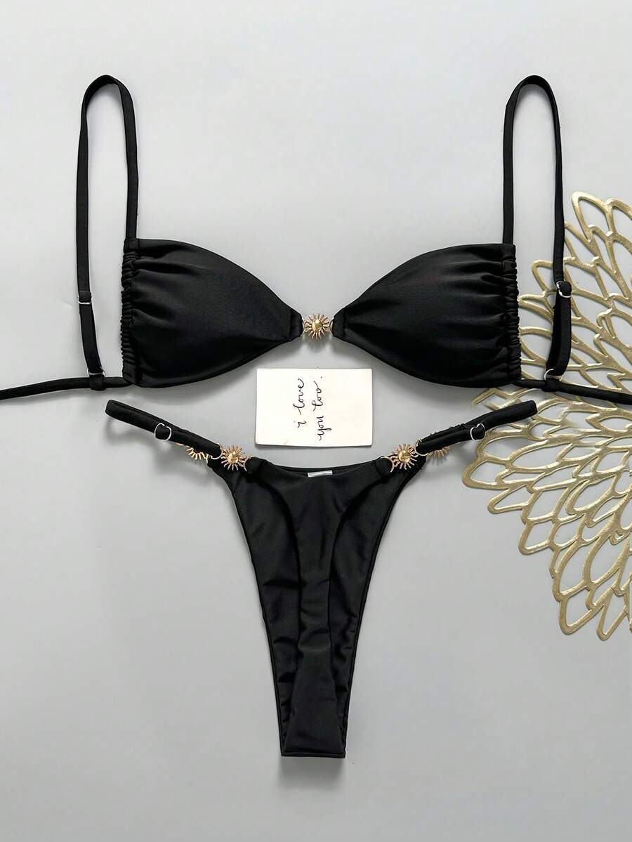 Swim Mod Conjunto de bikini de mujer de unicolor con tirantes finos y decoración metálica para primavera/verano - Negro - Ver 1