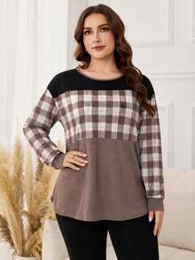 Lacomfia Autumn/Winter Elegant Casual Loose Versatile Print Element Patchwork Round Neck Pullover Long Sleeve Plus Size Women's T-Shirt - Multicolor - View 3