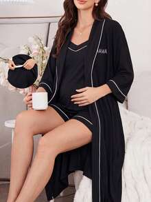 Moonlight&Mama Setelan Pakaian Santai Wanita Kasual 3 Potong: Celana Pendek Camisole Bordir Huruf + Jubah - Hitam - View 1