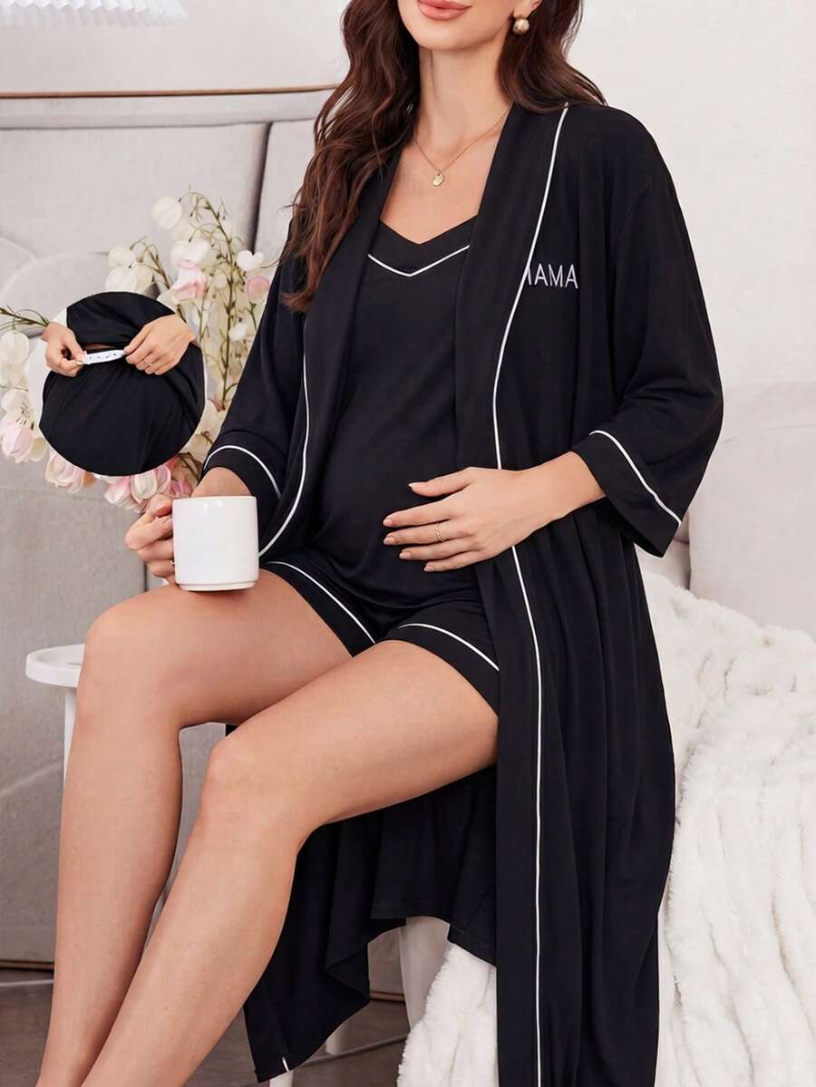Moonlight&Mama Setelan Pakaian Santai Wanita Kasual 3 Potong: Celana Pendek Camisole Bordir Huruf + Jubah - Hitam - View 1