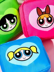 THE POWERPUFF GIRLS X SHEIN 可愛愛心卡通印花收納包，聚酯纖維布料，拉鍊開合，適用於化妝品、數位配件與衛生用品，可單件或套組購買，適合日常旅行 - 粉綠藍 - 查看 11