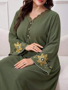 Al Najma 大尺碼女款拼接花卉刺繡袖口弧形下擺V領優雅阿拉伯風洋裝 - 橄欖綠 - 查看 1