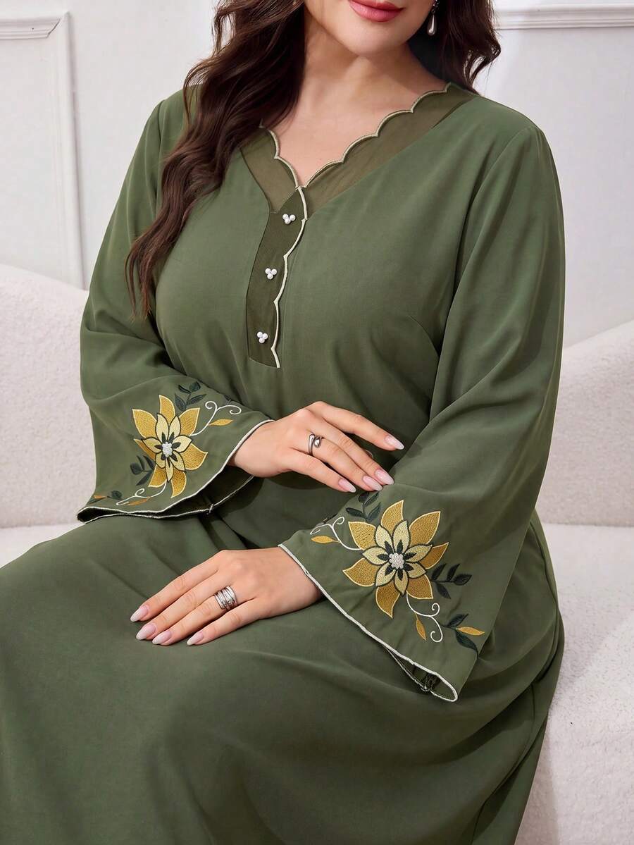 Al Najma 大尺碼女款拼接花卉刺繡袖口弧形下擺V領優雅阿拉伯風洋裝 - 橄欖綠 - 查看 1