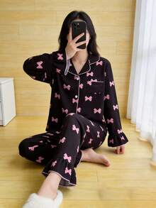 Elladie kids 甜美風櫻桃印花長袖開襟衫與長褲2件套，女孩休閒舒適居家服 - 黑色 - 查看 3