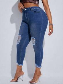 Slaydiva Celana Jeans Slim Fit Kasual Ukuran Besar dengan Efek Lusuh dan Pudar - Medium Wash - View 3