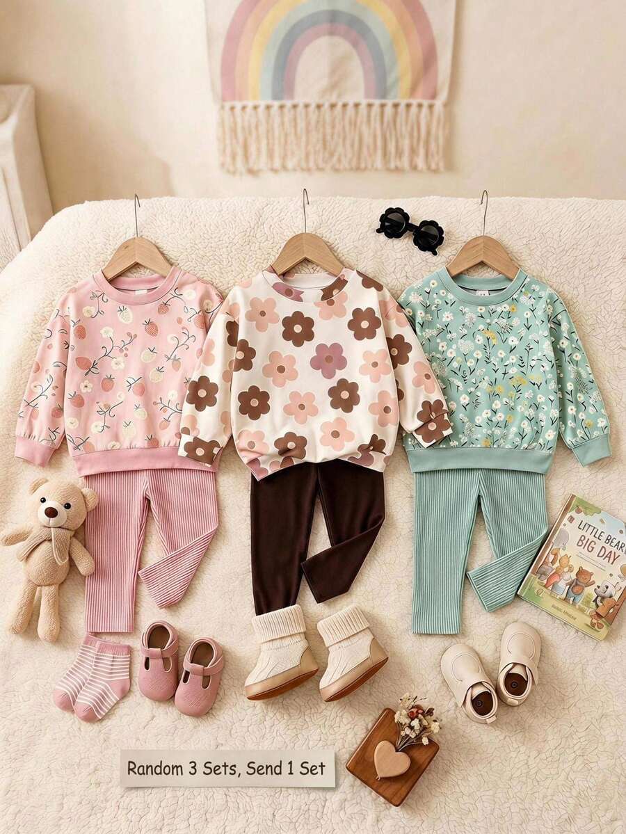 Setelan Baju Sweatshirt Leher Bulat Longgar Minimalis Kasual untuk Bayi Perempuan & Celana Panjang Pinggang Elastis, Cocok untuk Musim Gugur/Musim Dingin - MultiWarna - View 1