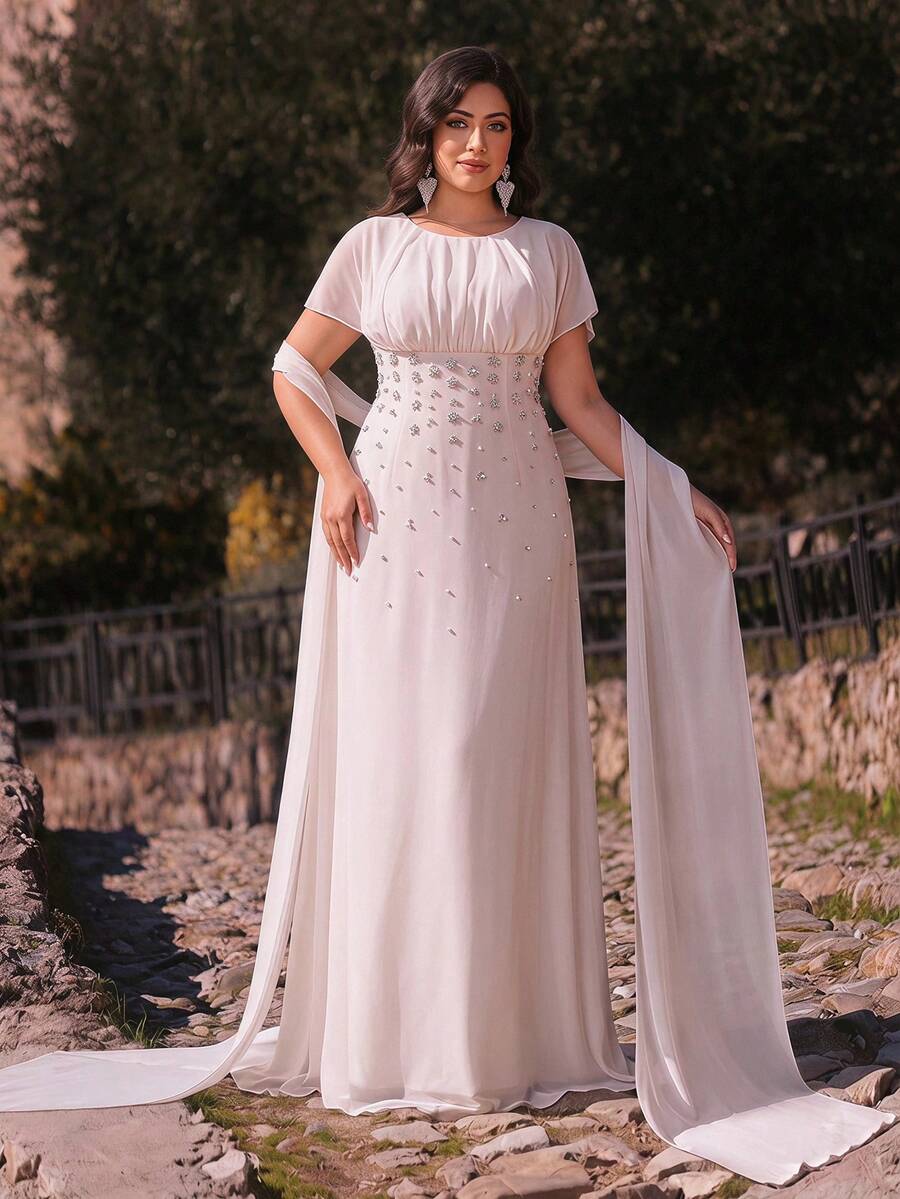 Aureia Plus Size Elegant Formal Romantic Fashion Pink Chiffon Fabric Rhinestone Embellished Ruched Bodycon A-Line Party Evening Wedding Dress Gown Autumn - Apricot - View 1