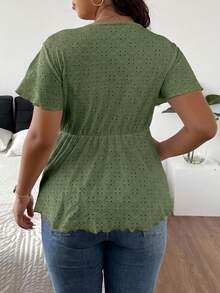 SHEIN Frenchy Plus Size Sage Green Floral A-Line V-Neck Lace Patchwork Textured Women's T-Shirt Birthday Summer Elegant - Green - View 6