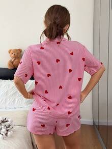 Napfluff Women's Red Striped Heart Print Cardigan Petal Sleeve Crinkled Short Sleeve Shorts Pajama Set - Pink - View 2