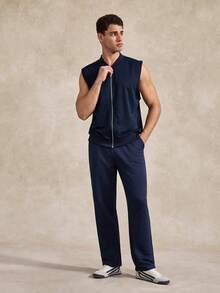 Men's Solid Color Zip-Up Vest And Pants Set - Navy Blue - View 9