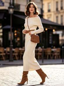 Balvessa Women's Solid Color Off-Shoulder Long Sleeve Fitted Elegant Knit Dress - Apricot - View 4