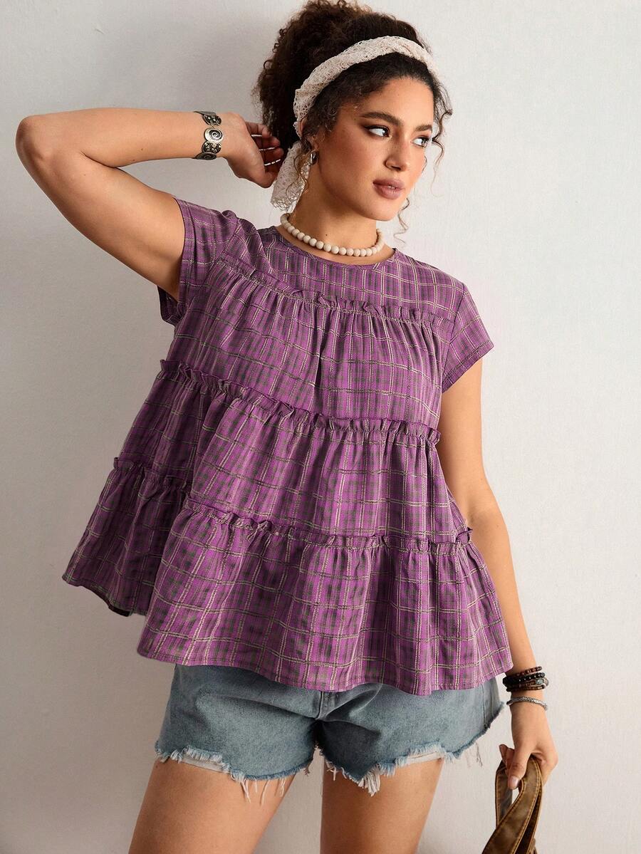 Freevana Plus Size Ruffle Hem Summer Casual Plaid Shirt - Purple - View 1