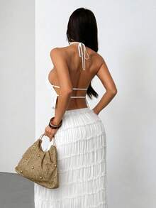 SHEIN PETITE Women's Solid Color Pleated Halter Neck Tank Top And Skirt Fashion 2-Piece Set - White - View 2