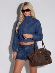 Normani Jaket Denim Kasual Lengan Panjang Pendek untuk Wanita - Medium Wash - View 5