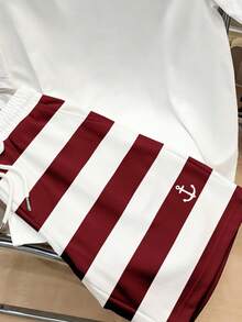 Manfinity Hypemode 男士錨圖案短袖T恤與短褲休閒日常穿搭 - 酒紅色 - 查看 4