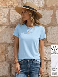 EMERY ROSE Women's Summer Casual Versatile Solid Color Short Sleeve T-Shirt - Baby Blue - View 1