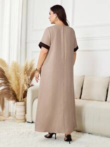Al Najma Plus Size Women's Contrast Color Button Design Short Sleeve Arabic Style Hijab Modest Dress Egypt Holiday Evening Morocco Holiday Wedding Beige Summer - Khaki - View 3