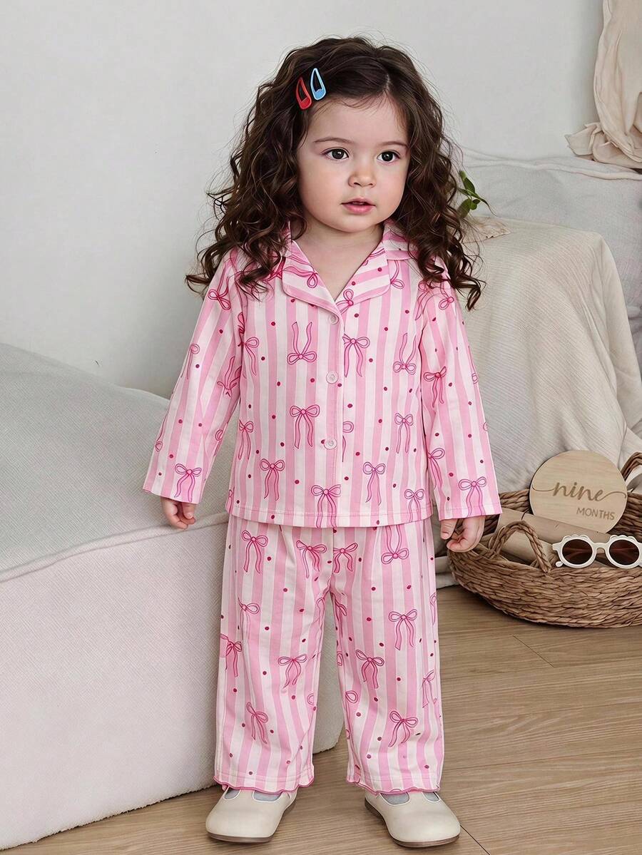 SHEIN Baby Girl Bow Striped Top And Pants Casual Daily Home Wear Set - Pink - View 1