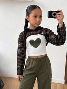 Tween女孩 3件套 柔軟愛心印花工裝褲休閒日常百搭姐妹套裝 - 軍綠色 - 查看 15