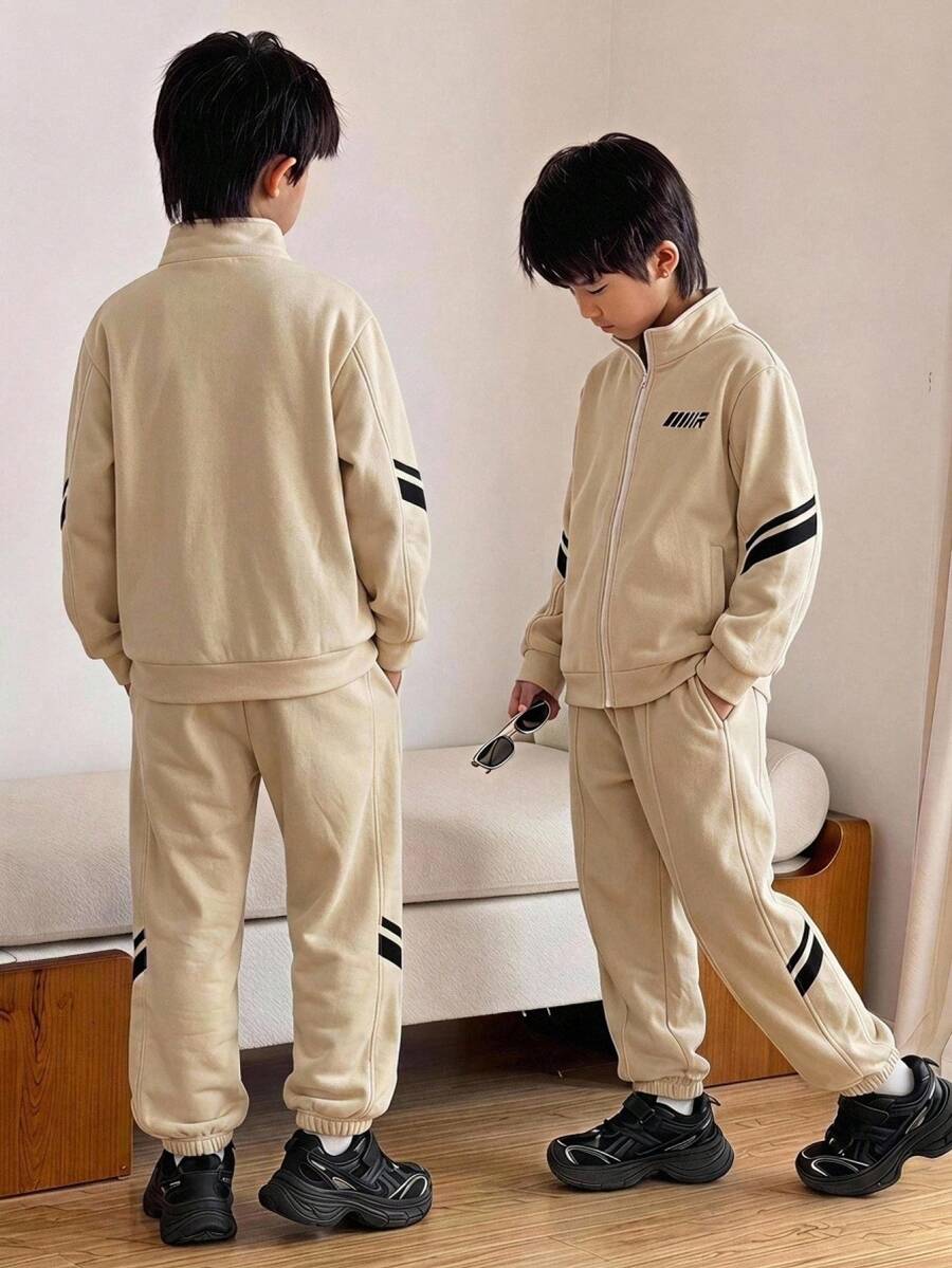 兒童青少年男孩休閒韓風寬鬆運動戶外全開襟立領杏色夾克與束口長褲兩件套,適合秋冬休閒運動風 - 杏色 - 查看 1