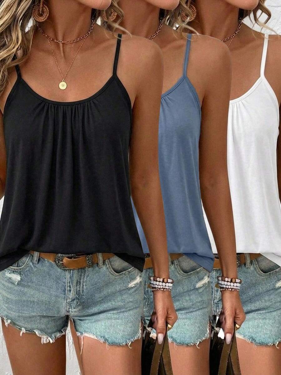 Comfylo 3 piezas de camisolas holgadas con fruncido para mujer de talla grande con tirantes ajustables, adecuadas para primavera y verano - Multicolor - Ver 1