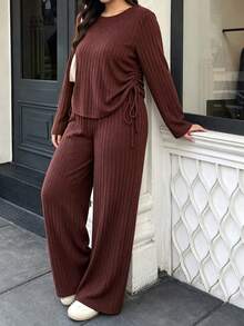 Easura Women's Plus Size Spring/Autumn Long Sleeve Drawstring Ruched Loose T-Shirt & Straight Leg Ribbed Brushed Elastic Pants 2-Piece Set, Suitable For Home And Daily Wear - Mocha Brown - View 3