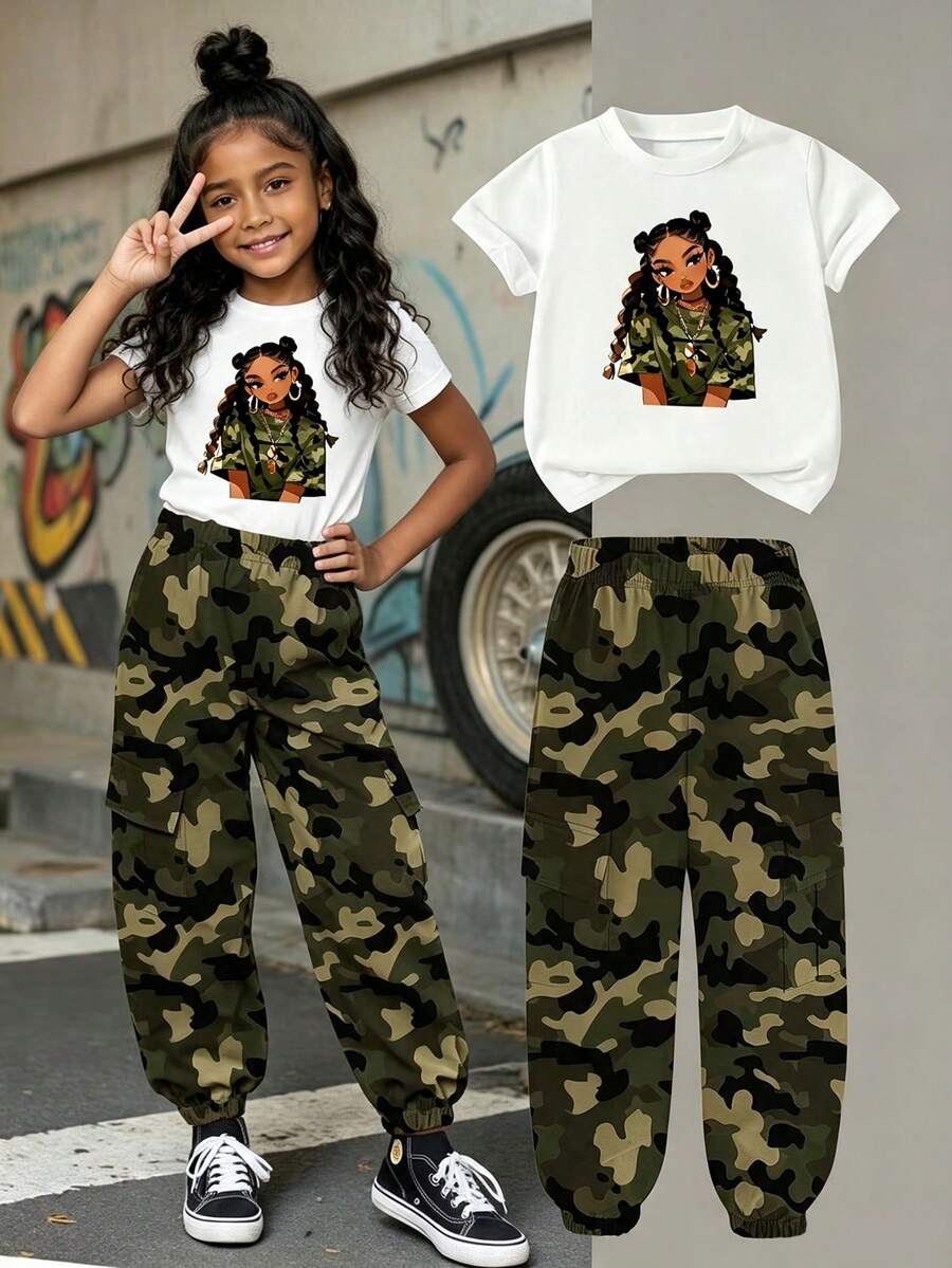 SHEIN 2件組少女迷彩印花短袖T恤與工裝褲,夏季、職業日、返校時尚套裝,白色 - 彩色 - 查看 1