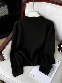 GlowEve CURVE Plus Size Elegant Ruffle Trim Button Long Sleeve Cardigan - Black - View 2