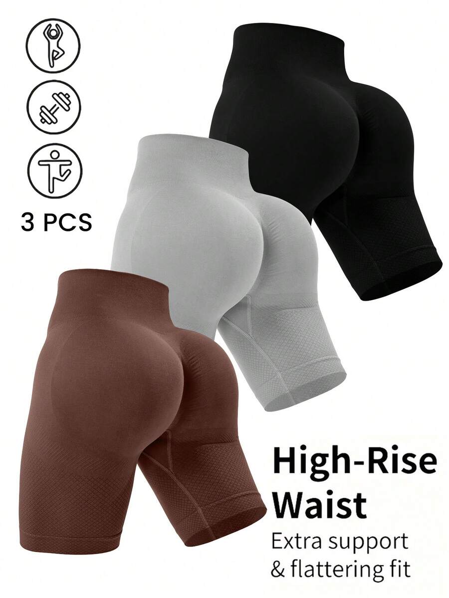 Easithlete Easithlete 3件組女款純色高腰日常健身肌肉塑形運動短褲 健身房運動款 亮面黑色 綠色 巧克力棕色 夏季 - 彩色 - 查看 1