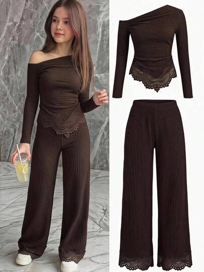 SHEIN Bộ áo thun cổ lệch phối ren và quần cho bé gái tuổi teen