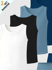 Random 2pcs Tween Boys Simple All-Over Spider Print Pattern Comfortable Sleeveless Tank Top & Square Leg Briefs 4-Set Underwear Set - Multicolor - View 4