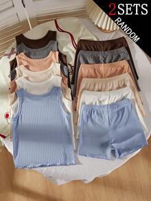 [6 Sets Randomly Send 2 Sets]Young Girl Autumn/Winter Knitted Ribbed Crew Neck Tank Top & Shorts 8-Piece Set, Ribbed Fabric, Grey, Brown, Apricot, Pink, Multicolor, Hot-Selling Casual Base Layer Underwear, 4 Pieces X 2 Sets - Multicolor - View 2