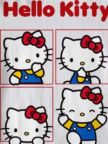 HELLO KITTY AND FRIENDS | SHEIN 少女休闲字母猫咪印花圆领短袖T恤，夏季 - 白色 - 查看 5
