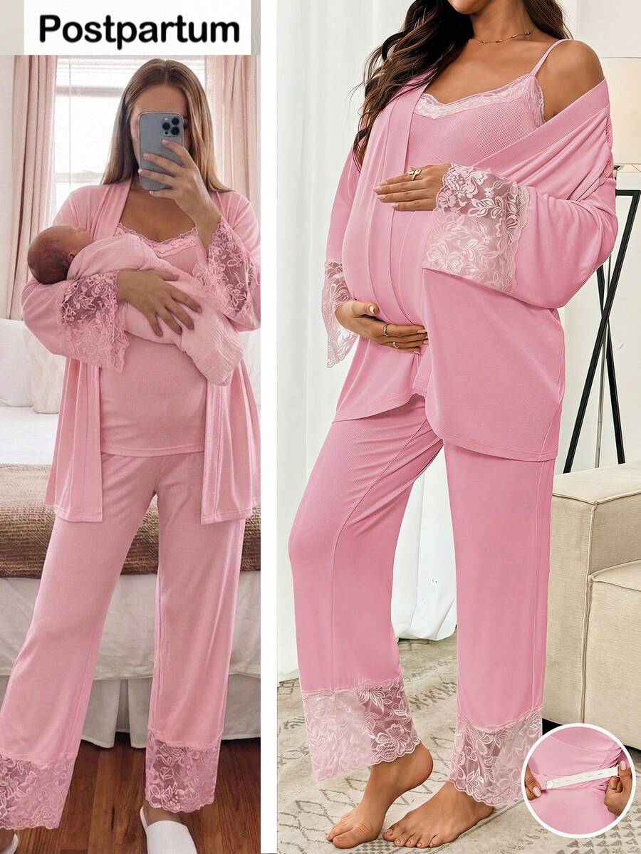 SHEIN 3pcs Maternity Set: Elegant Contrast Lace Camisole, Pants And Robe, Suitable For Spring And Autumn Photoshoot - Pink - View 1