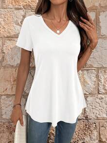 EMERY ROSE Women's Casual Solid Color V-Neck Loose T-Shirt - White - View 1