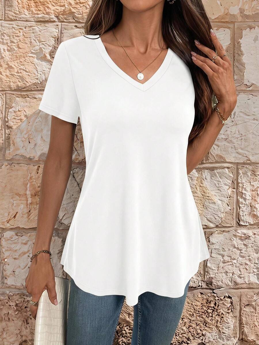 EMERY ROSE Women's Casual Solid Color V-Neck Loose T-Shirt - White - View 1