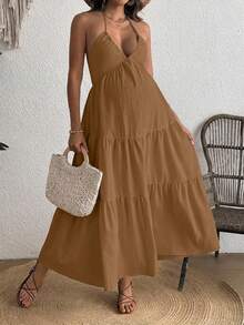 Cheriluna Maternity Comfortable Halter Neck Backless Maternity Dress - Brown - View 1