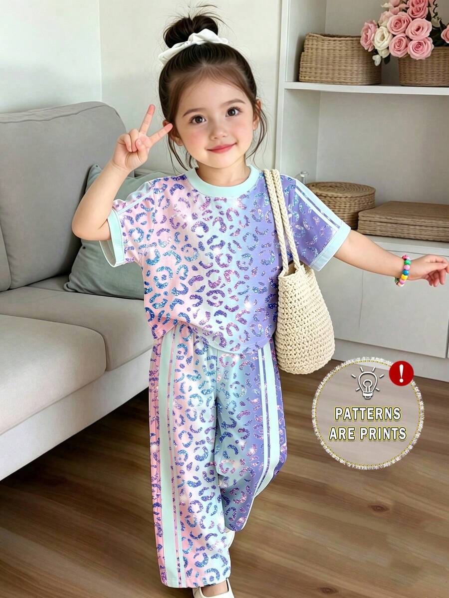 Young Girl Fashionable Fresh Creative Three-Color Gradient Glitter Leopard Print Basic T-Shirt And Three-Color Gradient Glitter Leopard Print Wide Leg Pants Set - Multicolor - View 1